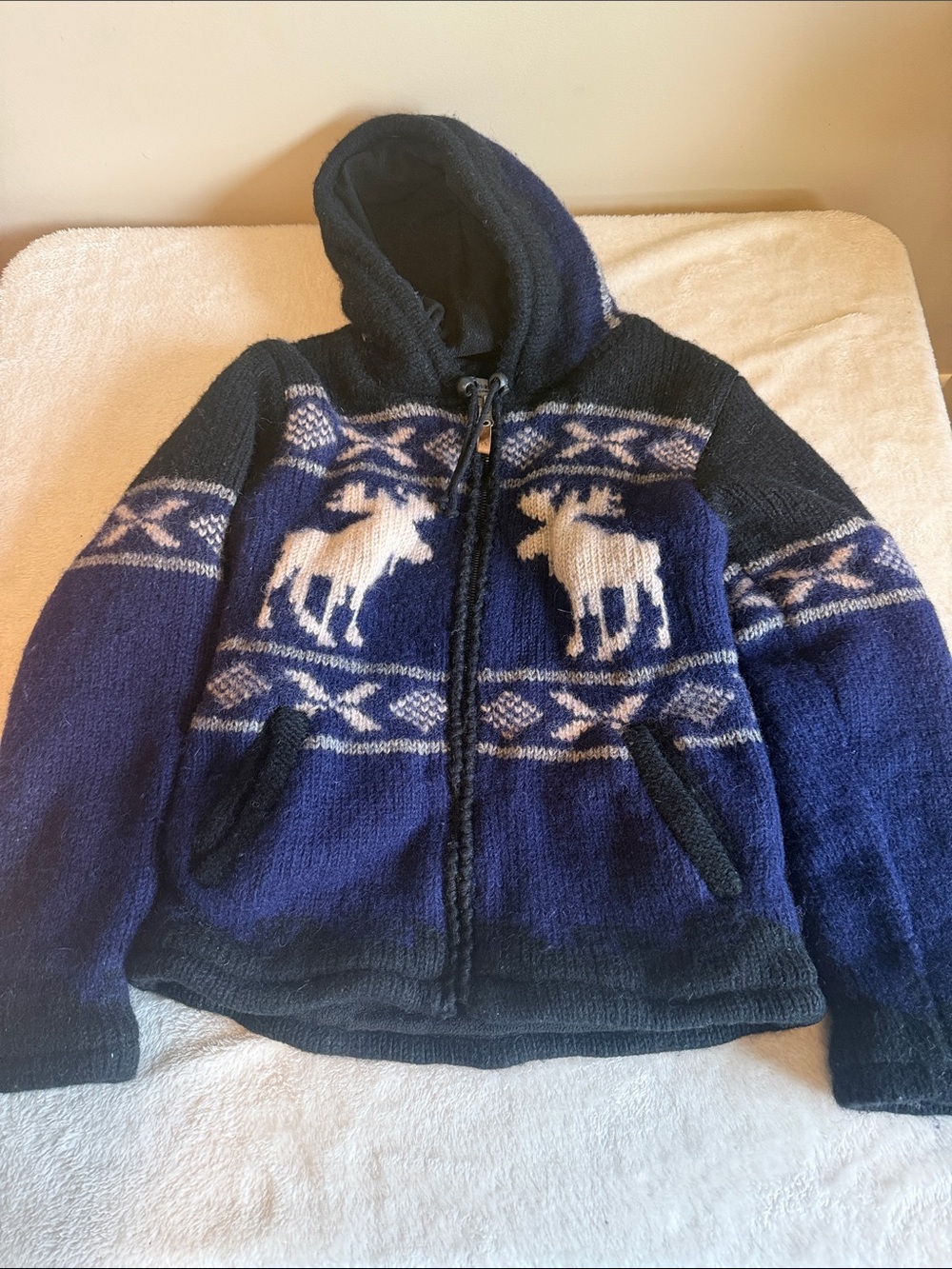 Ark Imports 100% New Zealand Wool Fleece-Lined Moose Hoodie Jacket Sweater Small
